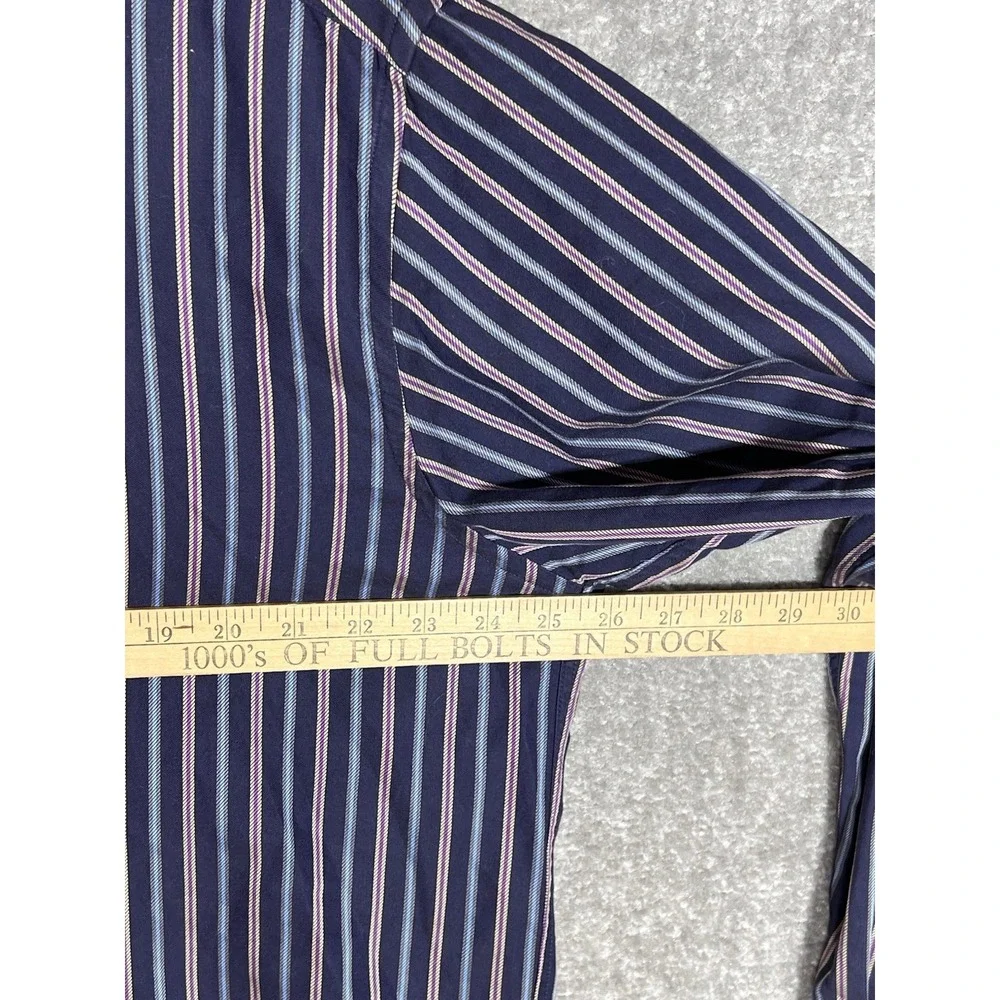 Ingram Button Up Dress Shirt Mens Sz 17.5 Blue Purple Striped Cotton Long Sleeve